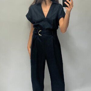 NWT Dark Blue Zara Belted Linen Blend Jumpsuit- Large